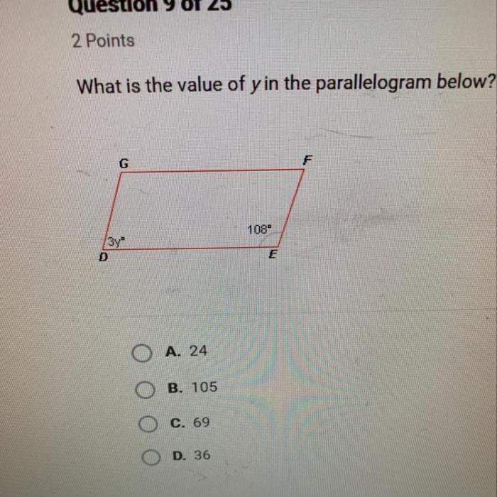 What is the value of y in the parallelogram below